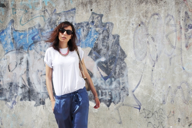 plain white t-shirt, blue satin pants,  hm, comfortable outfit, style and expect